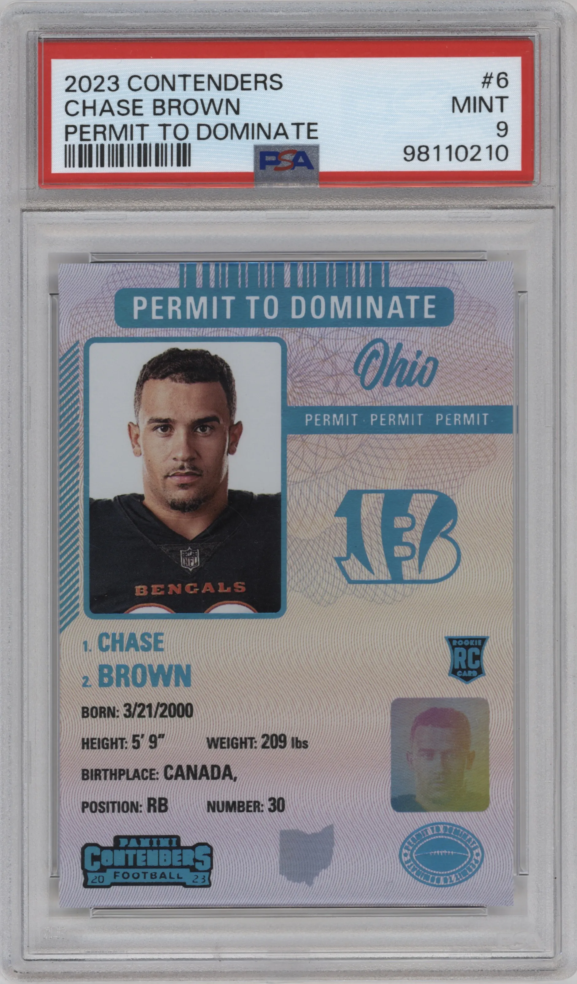 2023 Panini Contenders Permit to Dominate Chase Brown #6 PSA 9