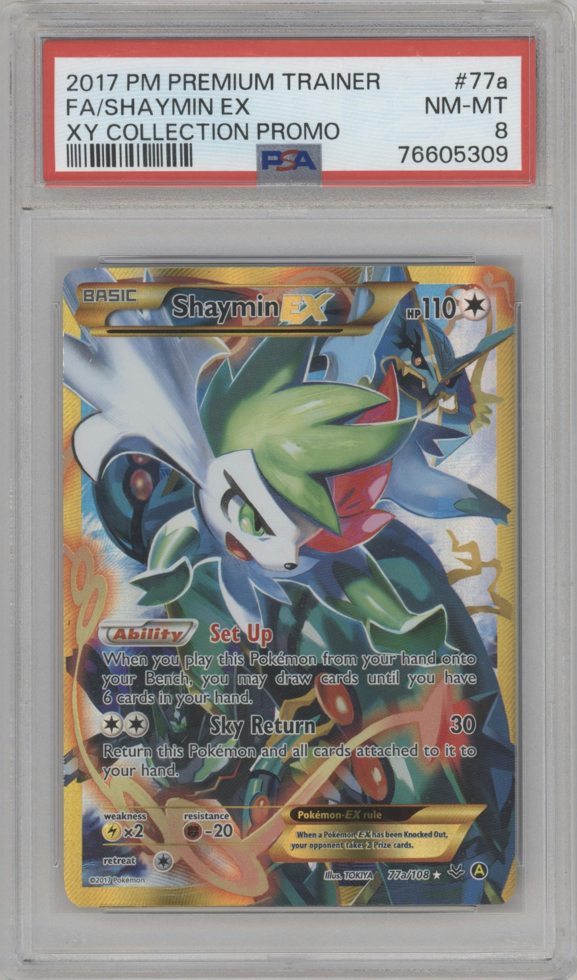 Shaymin EX from the 2017 Pokemon XY set featuring a Premium Trainer's XY Collection parallel graded by PSA and given an overall grade of 8.