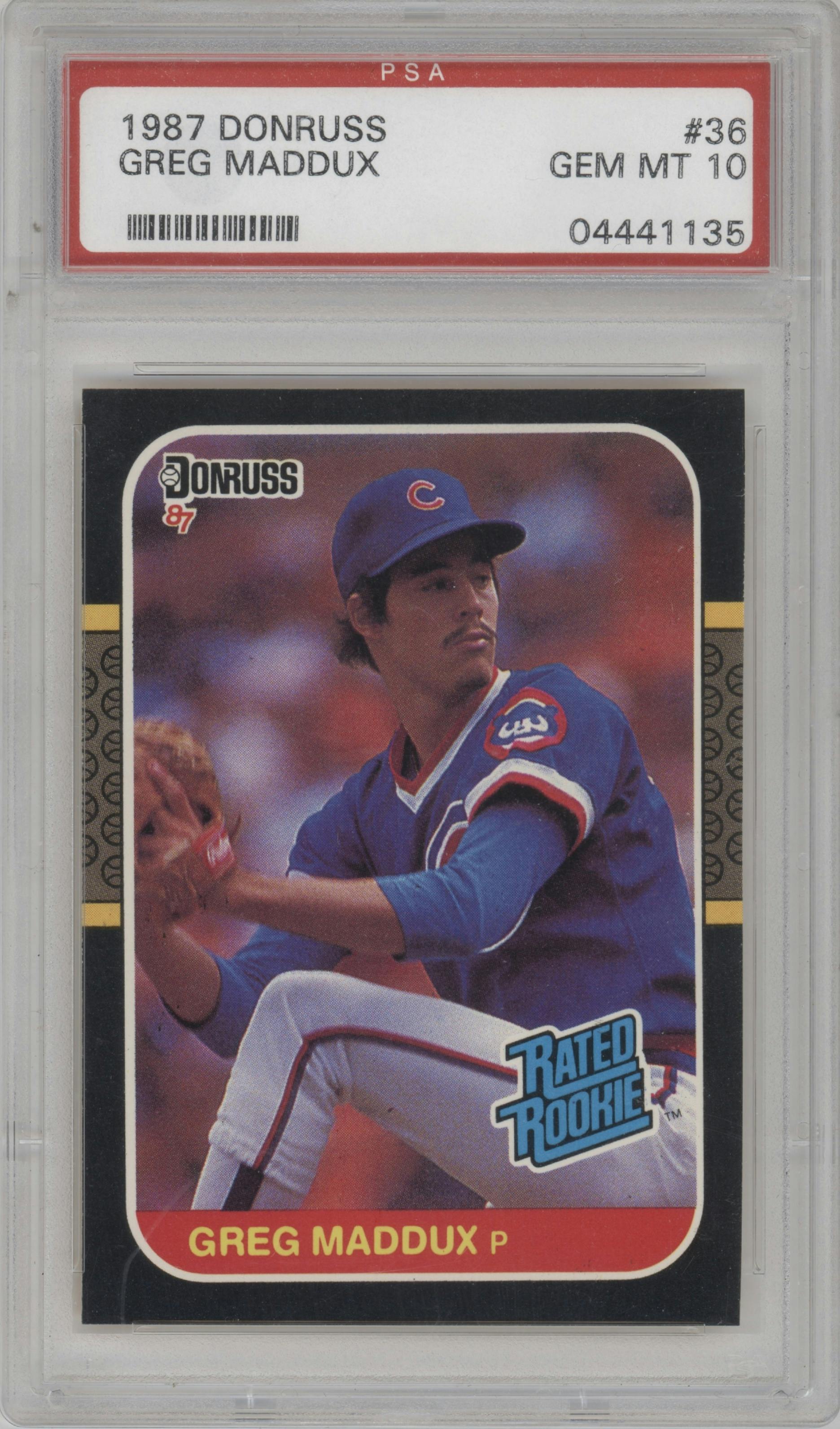 Greg Maddux from the 1987 Donruss set graded by PSA and given an overall grade of 10.
