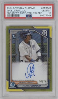 Maikol Orozco from the 2024 Bowman set featuring a Yellow Refractor parallel graded by PSA and given an overall grade of 10.