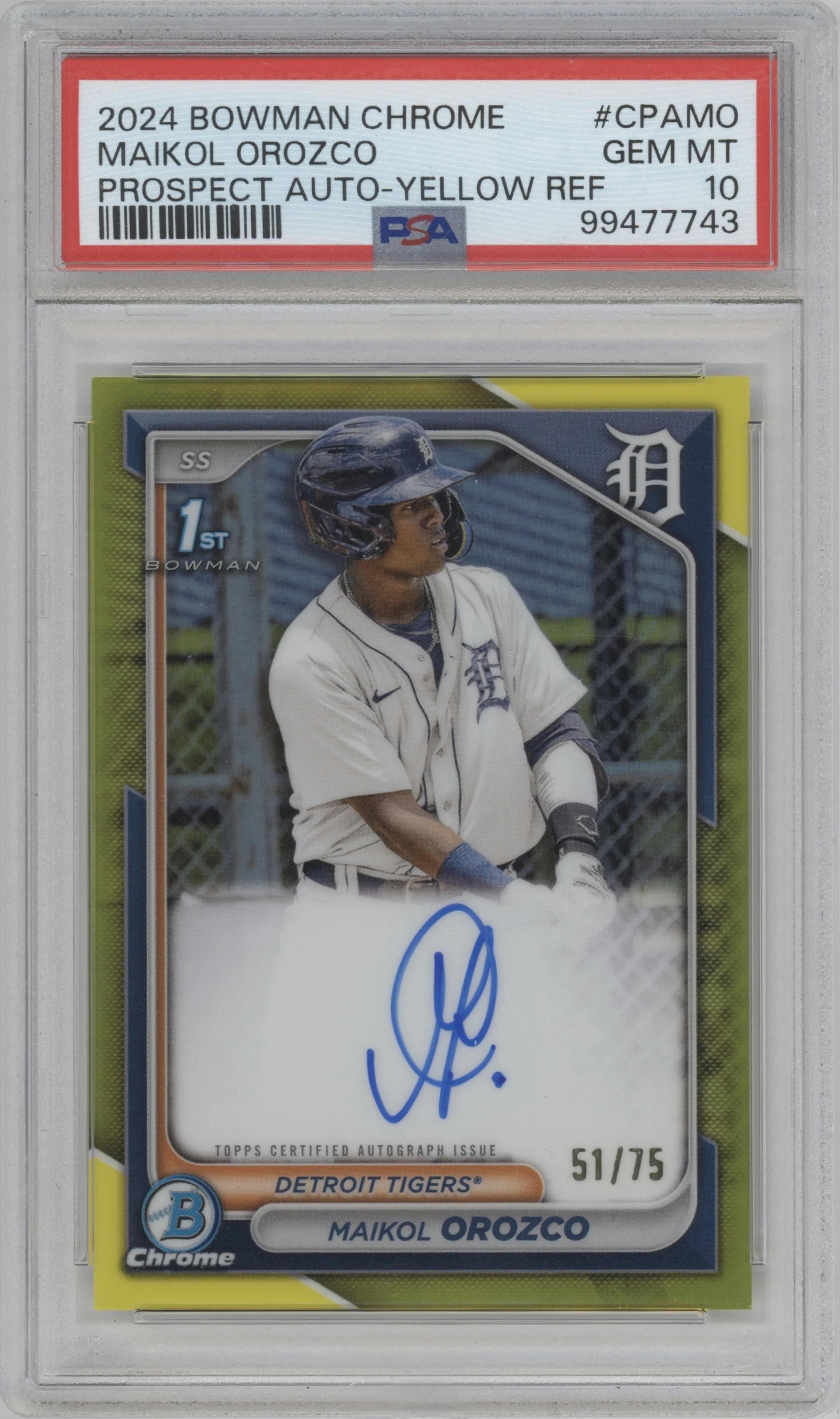 Maikol Orozco from the 2024 Bowman set featuring a Yellow Refractor parallel graded by PSA and given an overall grade of 10.