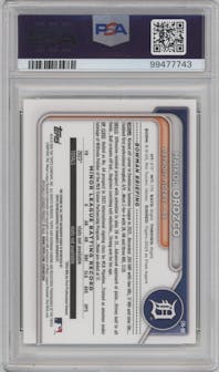Maikol Orozco from the 2024 Bowman set featuring a Yellow Refractor parallel graded by PSA and given an overall grade of 10.