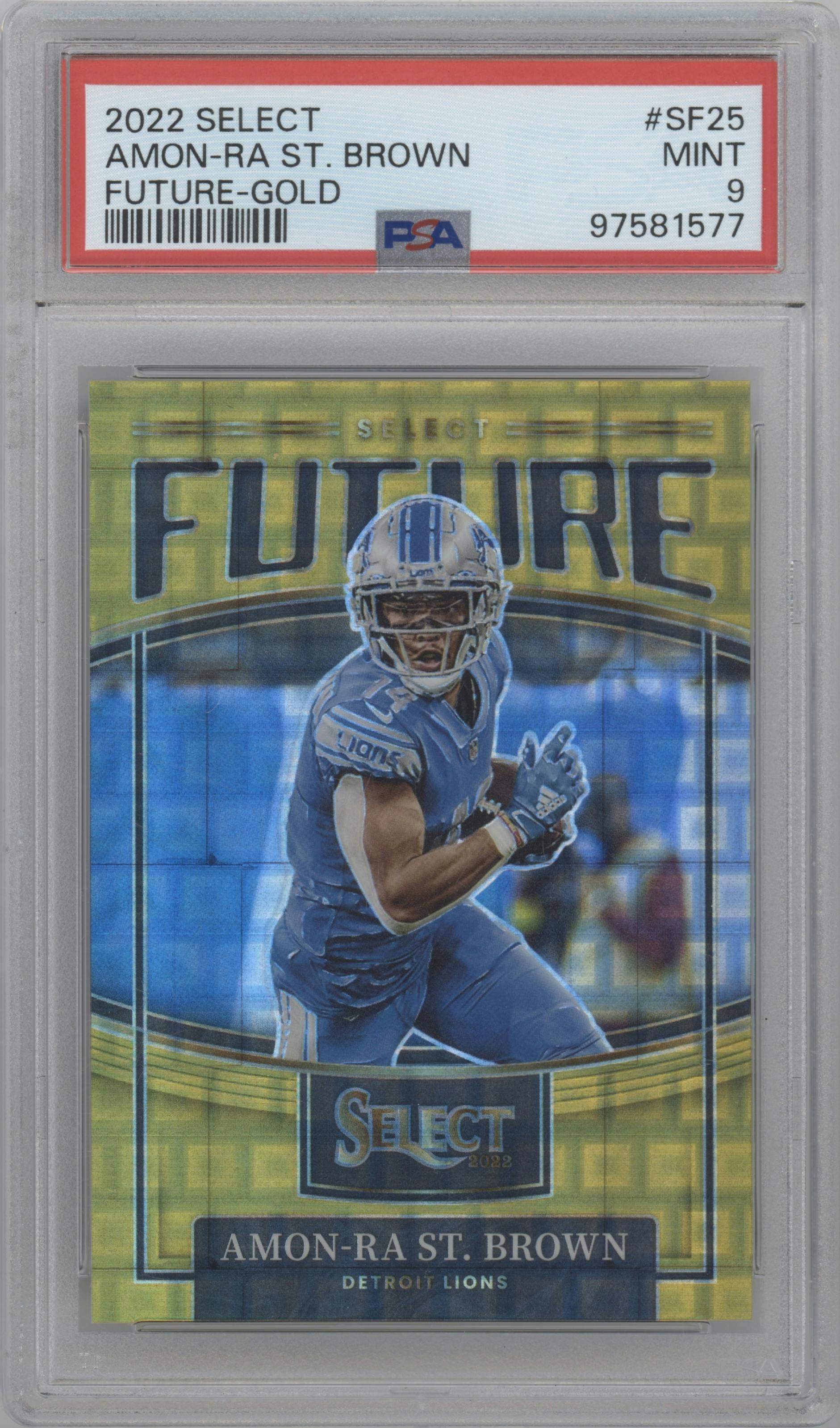 Amon-Ra St. Brown from the 2022 Panini Select set featuring a Gold Prizm parallel graded by PSA and given an overall grade of 9.