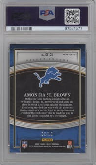 Amon-Ra St. Brown from the 2022 Panini Select set featuring a Gold Prizm parallel graded by PSA and given an overall grade of 9.