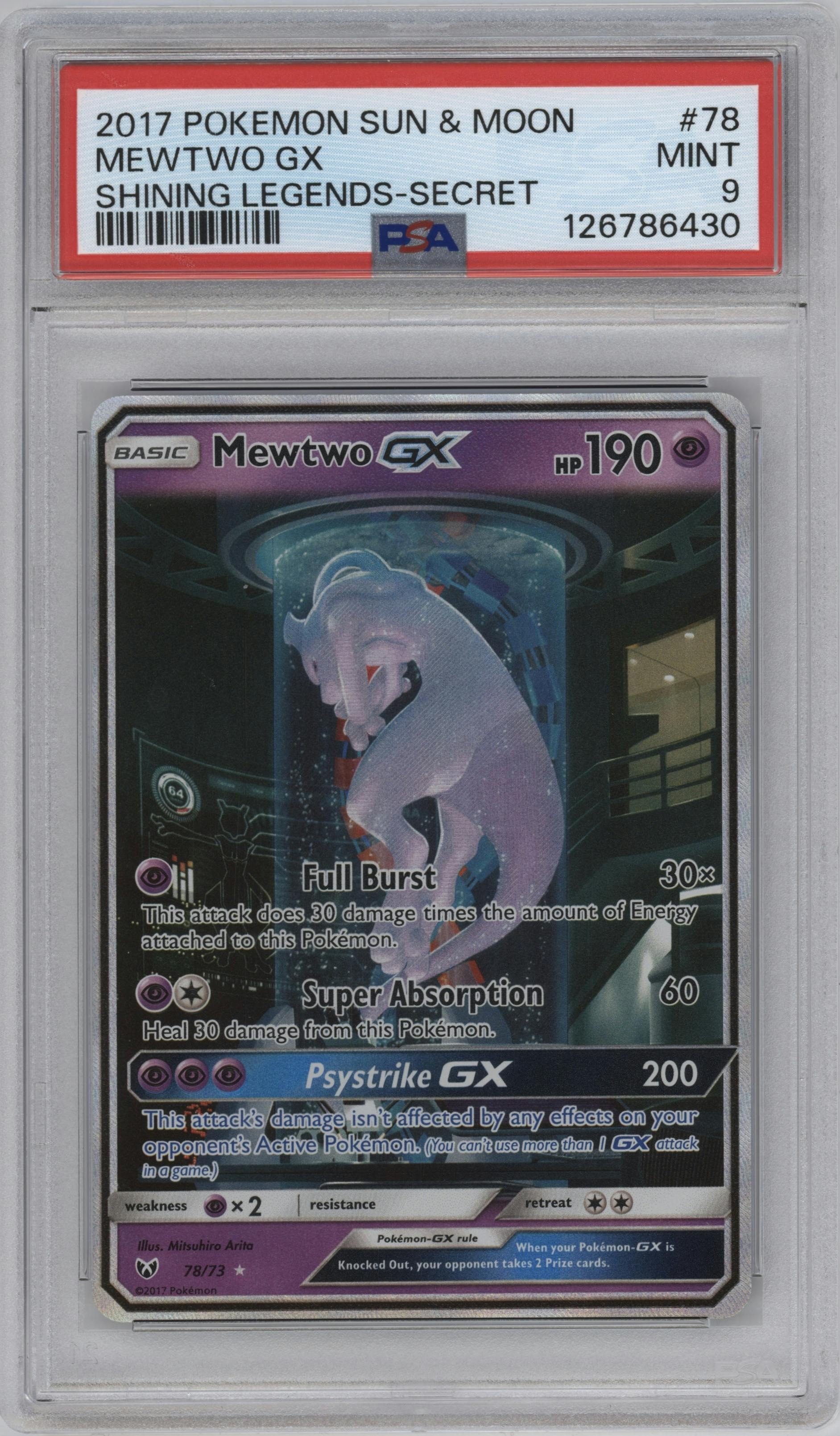 Mewtwo GX from the 2017 Pokemon S&M set graded by PSA and given an overall grade of 9.