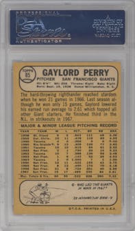 Gaylord Perry from the 1968 Topps set graded by PSA and given an overall grade of 7.