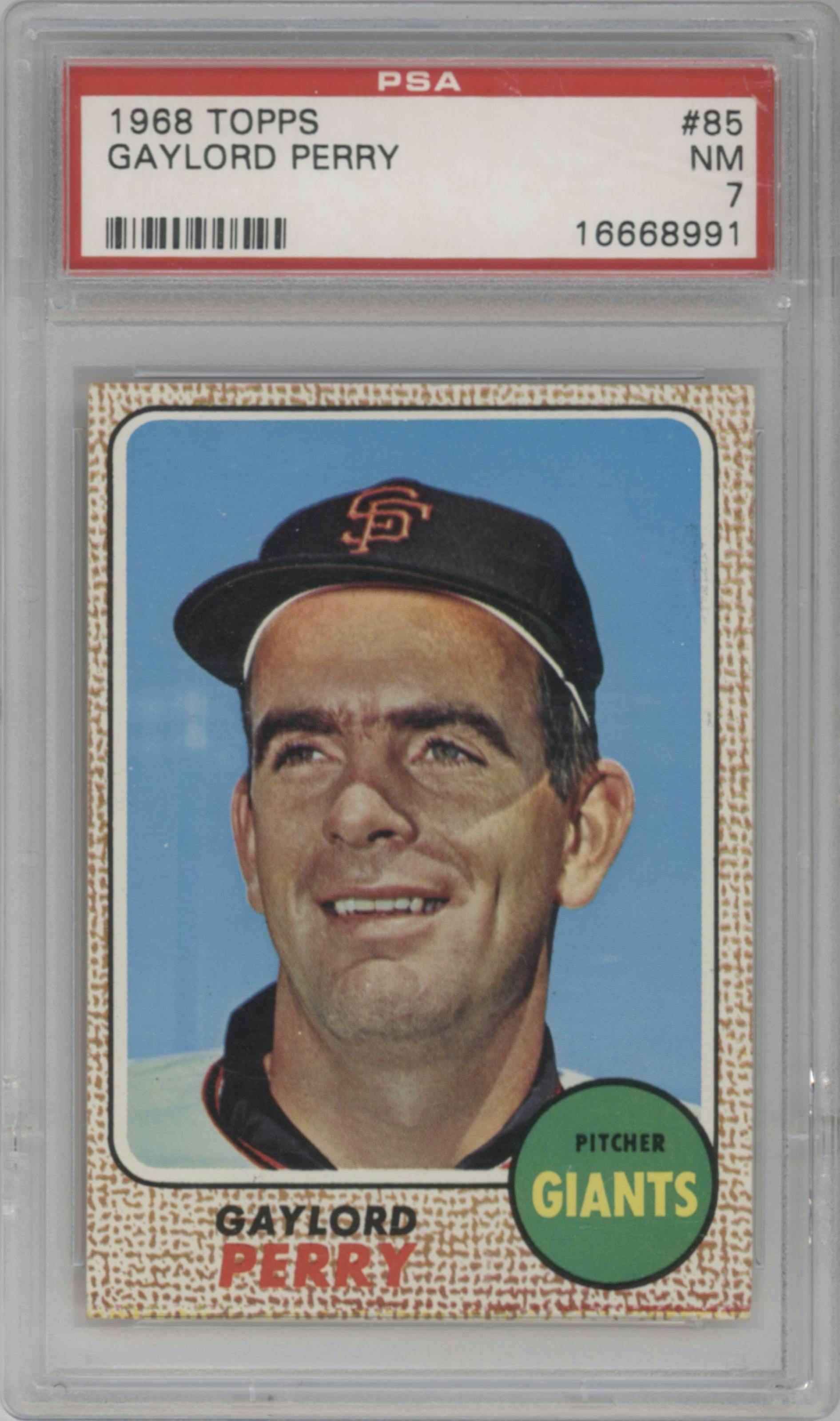 Gaylord Perry from the 1968 Topps set graded by PSA and given an overall grade of 7.
