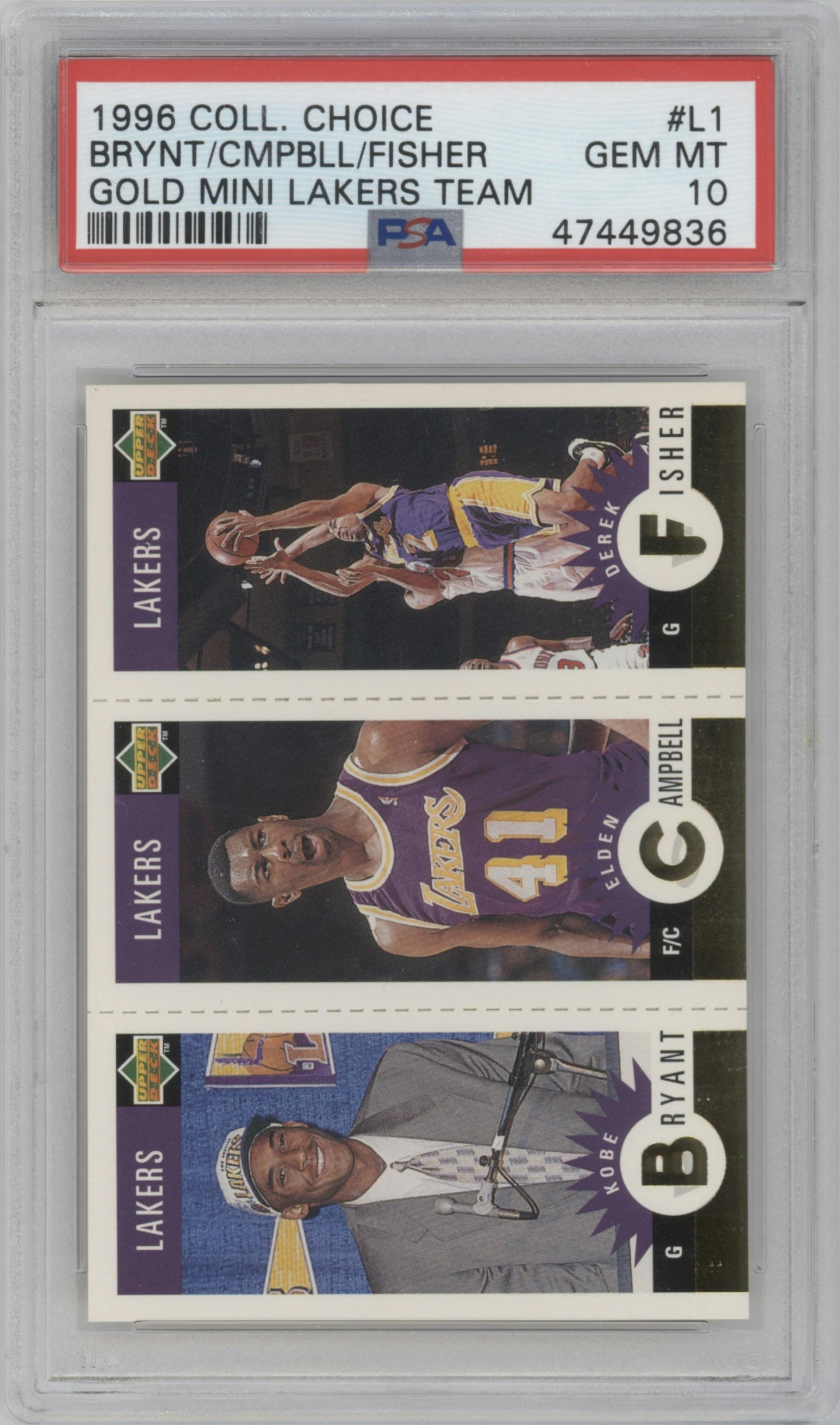 Kobe Bryant/Elden Campbell/Derek Fisher from the 1996-97 Upper Deck Collector's Choice Los Angeles Lakers set graded by PSA and given an overall grade of 10.