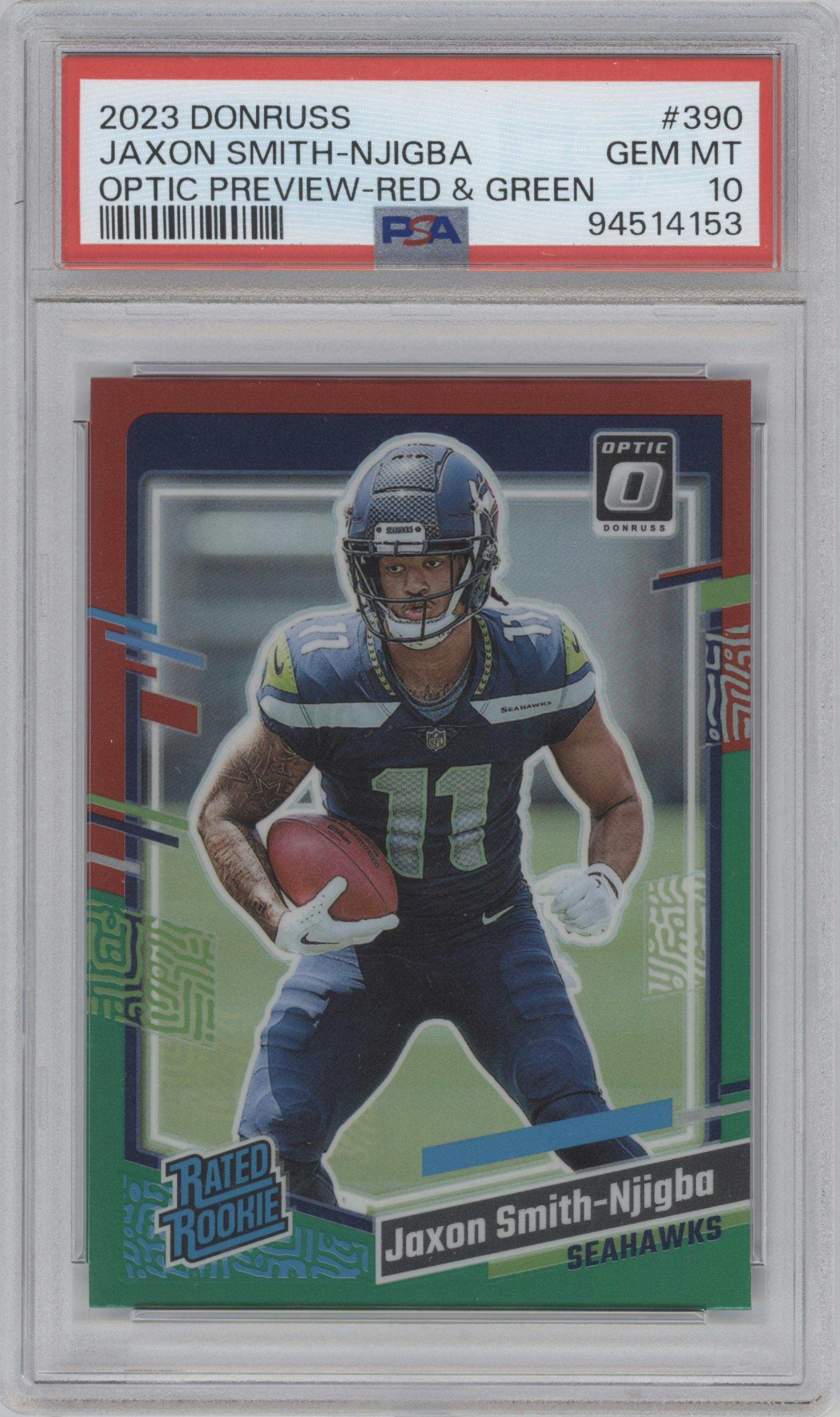 Jaxon Smith-Njigba from the 2023 Panini Donruss set featuring a Red & Green parallel graded by PSA and given an overall grade of 10.