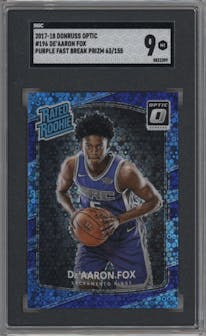 De'Aaron Fox from the 2017-18 Panini Donruss Optic set featuring a Fast Break Purple parallel graded by SGC and given an overall grade of 9.