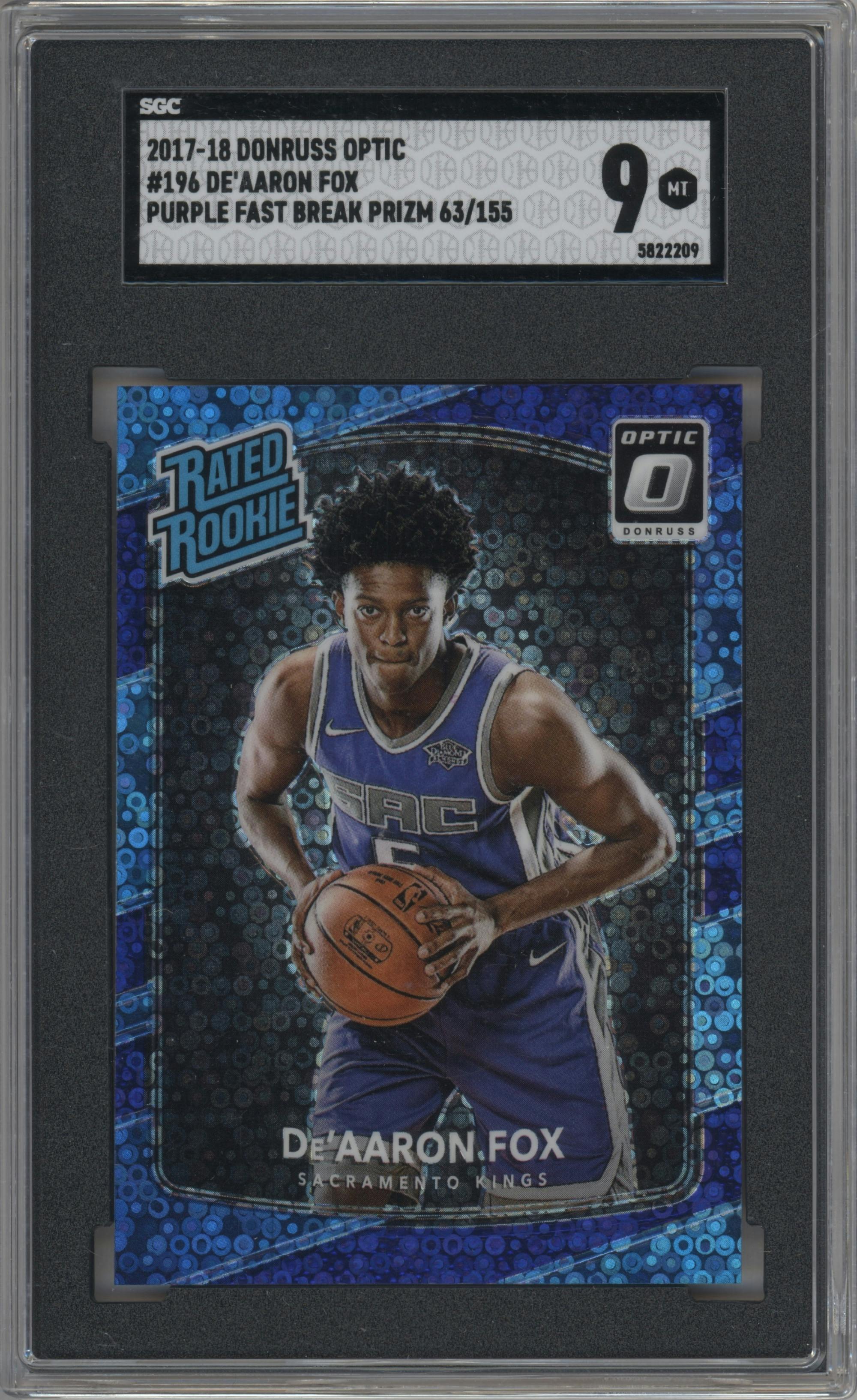 De'Aaron Fox from the 2017-18 Panini Donruss Optic set featuring a Fast Break Purple parallel graded by SGC and given an overall grade of 9.
