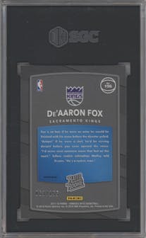 De'Aaron Fox from the 2017-18 Panini Donruss Optic set featuring a Fast Break Purple parallel graded by SGC and given an overall grade of 9.