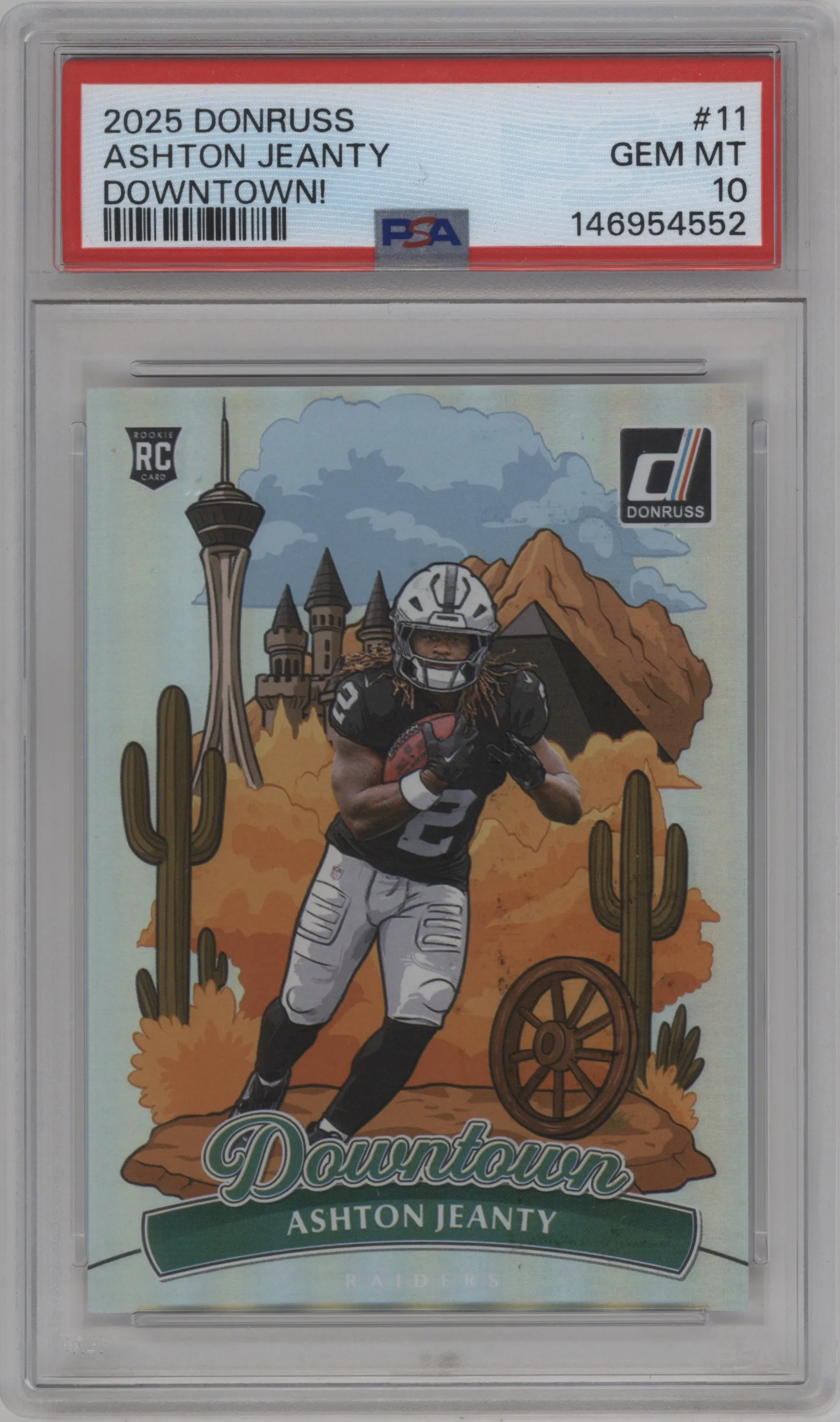 Ashton Jeanty from the 2025 Panini Donruss set graded by PSA and given an overall grade of 10.