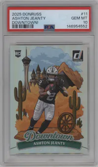 Ashton Jeanty from the 2025 Panini Donruss set graded by PSA and given an overall grade of 10.