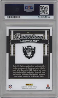 Ashton Jeanty from the 2025 Panini Donruss set graded by PSA and given an overall grade of 10.