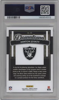 Ashton Jeanty from the 2025 Panini Donruss set graded by PSA and given an overall grade of 10.