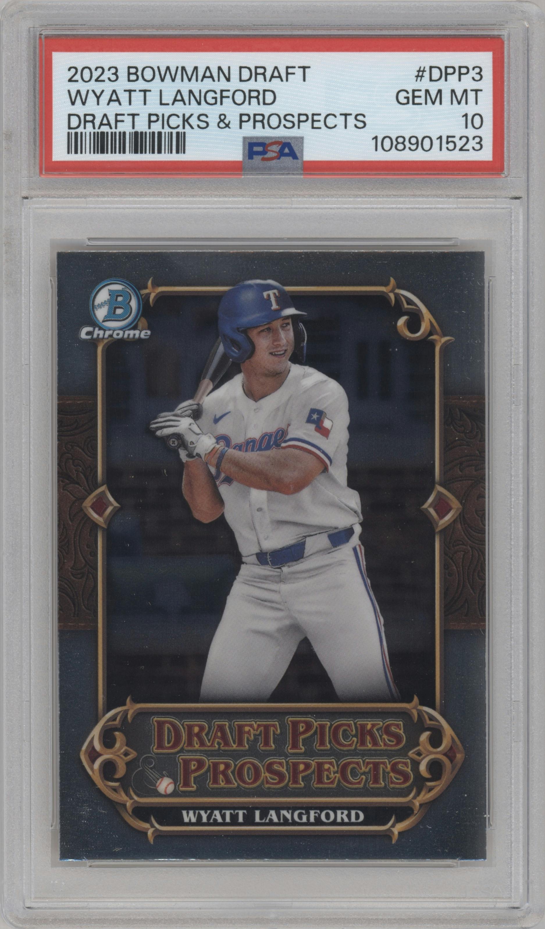 Wyatt Langford from the 2023 Bowman Draft set graded by PSA and given an overall grade of 10.