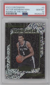Victor Wembanyama from the 2023-24 Panini Contenders set graded by PSA and given an overall grade of 10.
