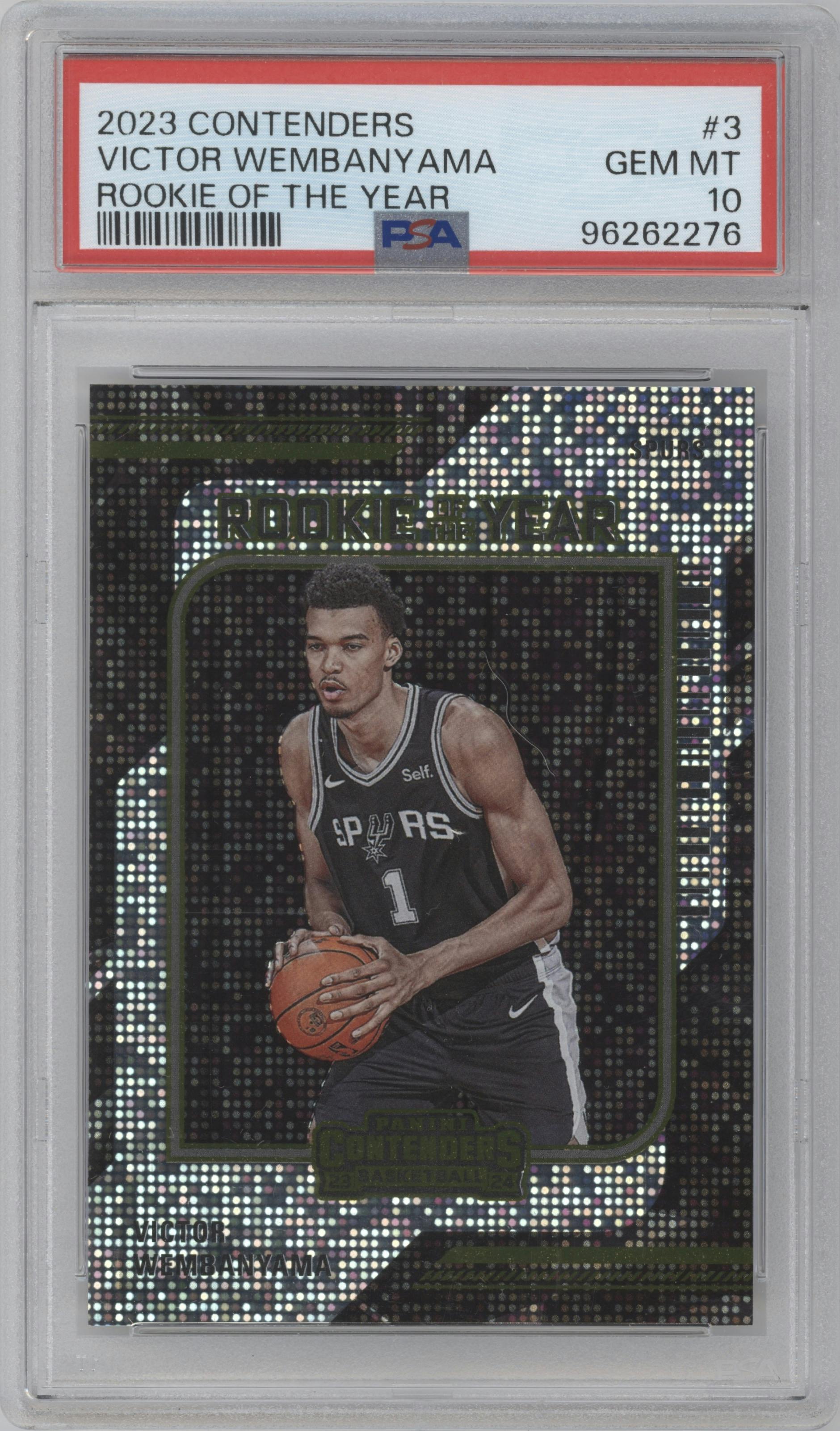 Victor Wembanyama from the 2023-24 Panini Contenders set graded by PSA and given an overall grade of 10.