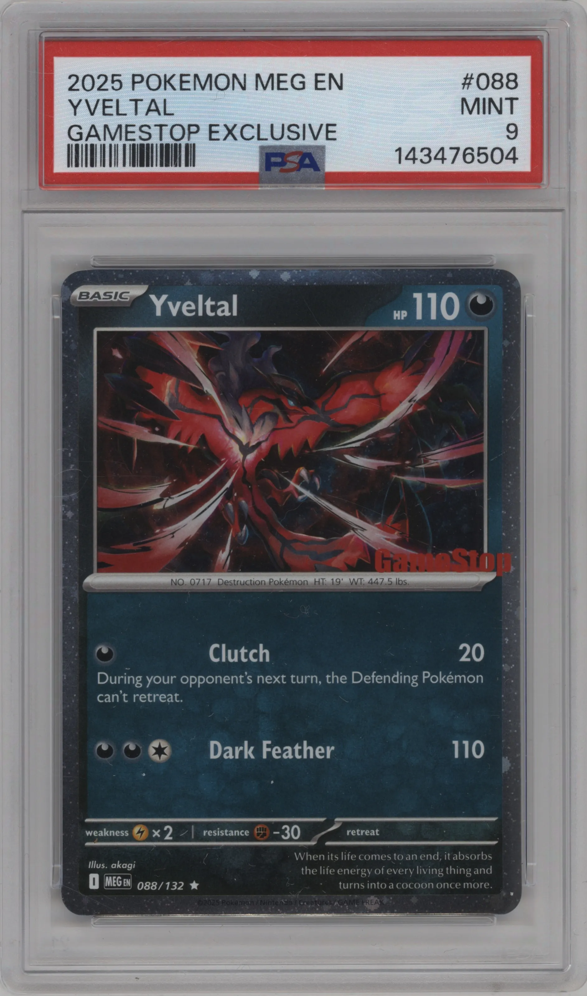2025 Pokemon Mega Evolution Yveltal Gamestop Exclusive #088 PSA 9