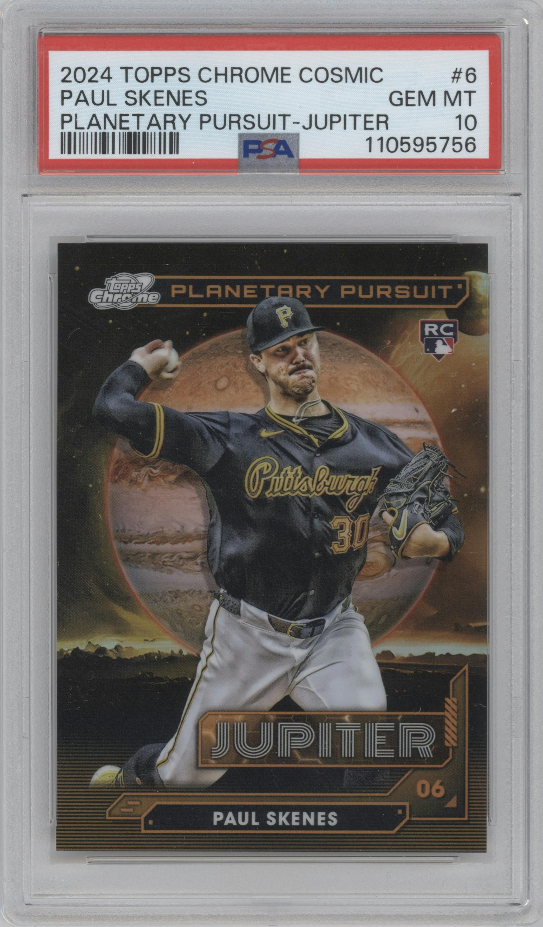 Paul Skenes from the 2024 Topps Cosmic Chrome set graded by PSA and given an overall grade of 10.