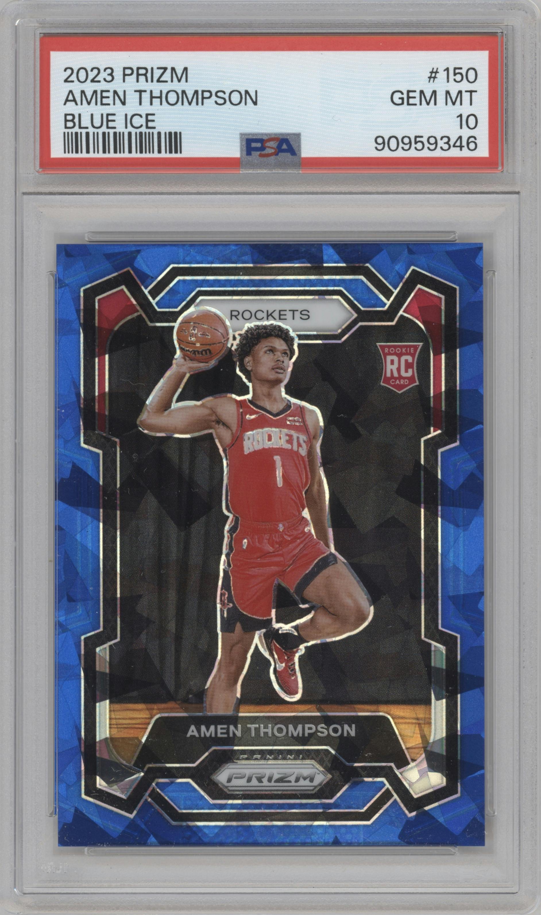 Amen Thompson from the 2023-24 Panini Prizm set featuring a Blue Ice parallel graded by PSA and given an overall grade of 10.