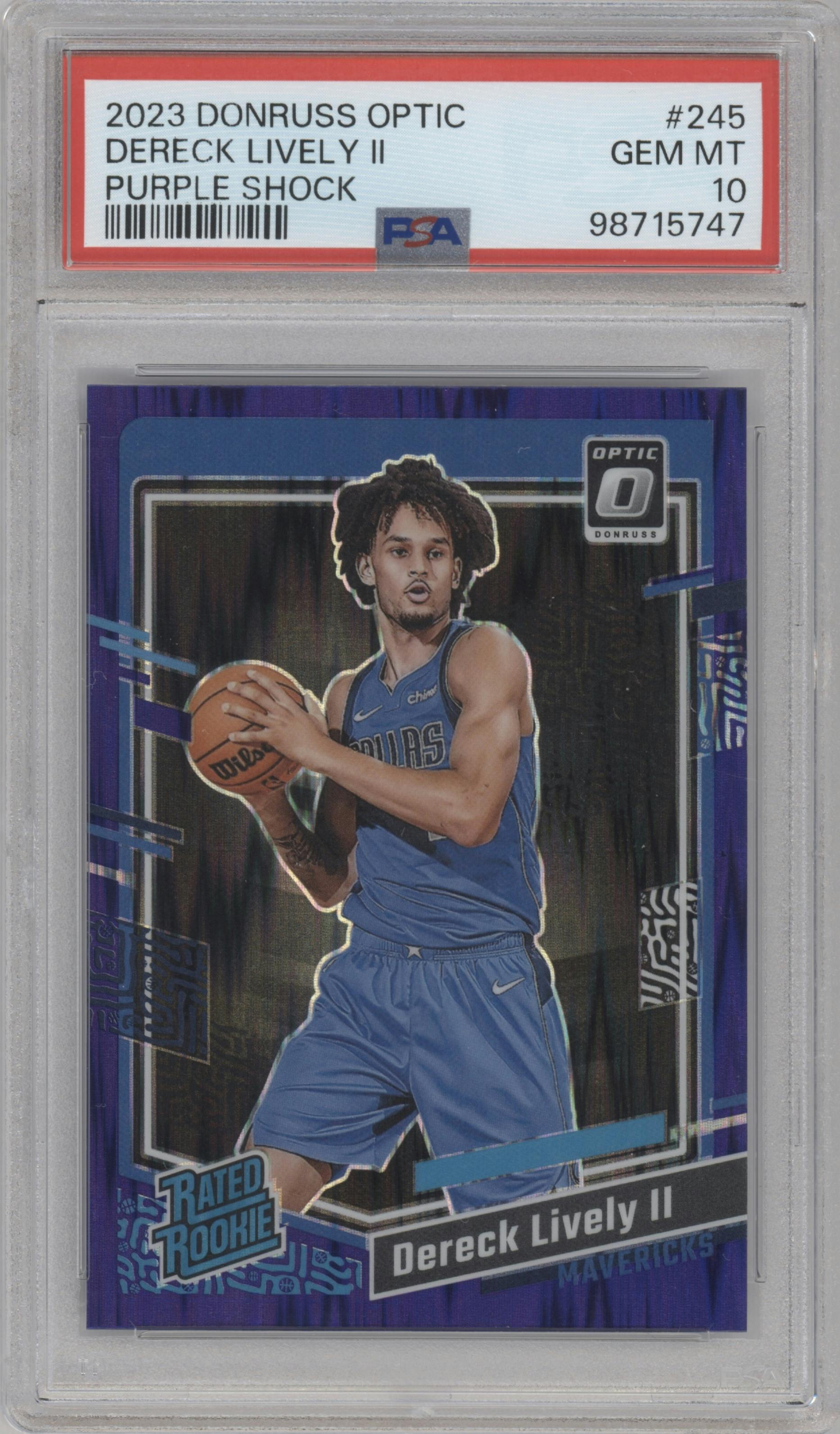 Dereck Lively II from the 2023-24 Donruss Optic set featuring a Purple Shock parallel graded by PSA and given an overall grade of 10.