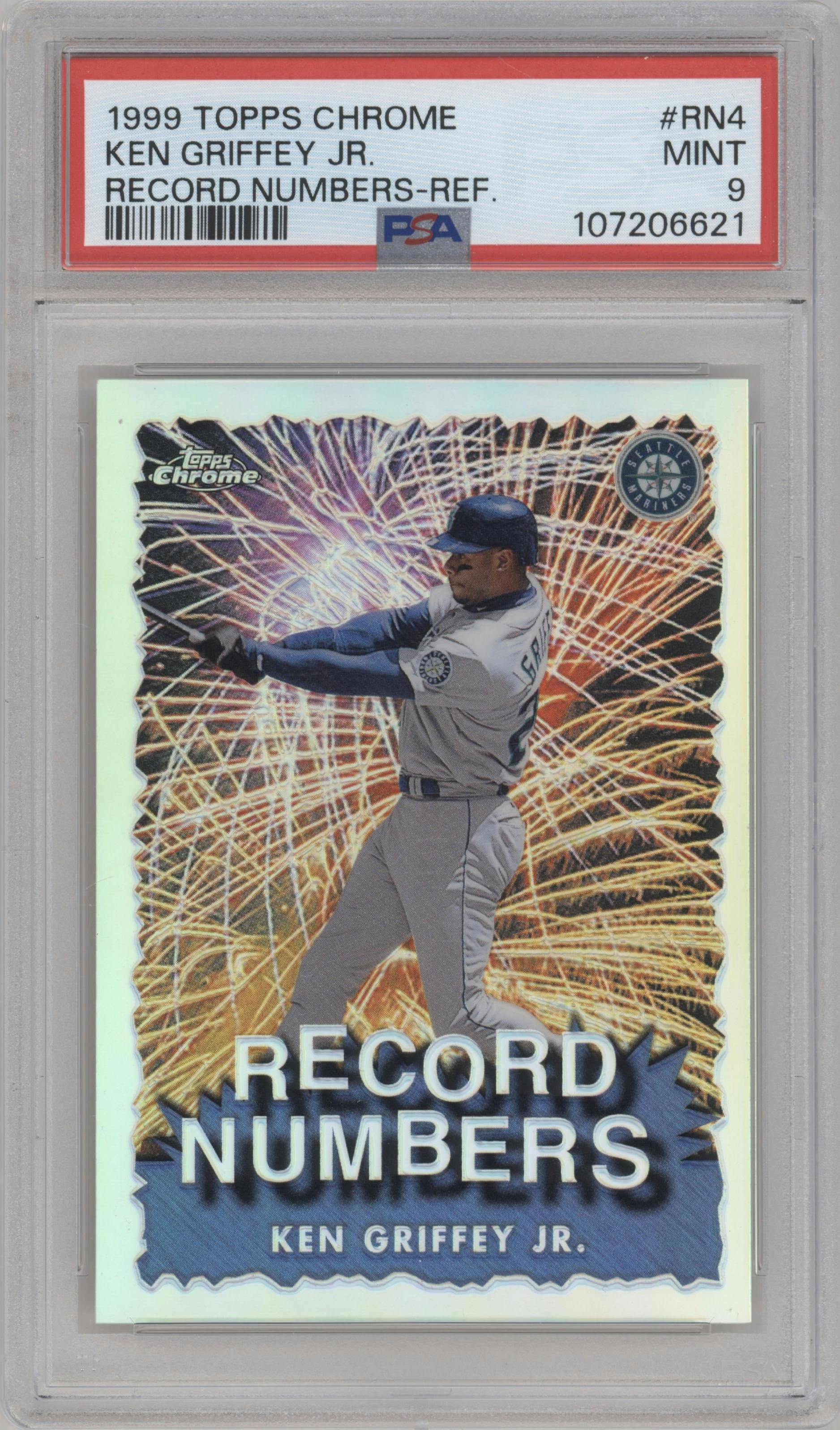 Ken Griffey Jr. from the 1999 Topps Chrome set featuring a Refractor parallel graded by PSA and given an overall grade of 9.
