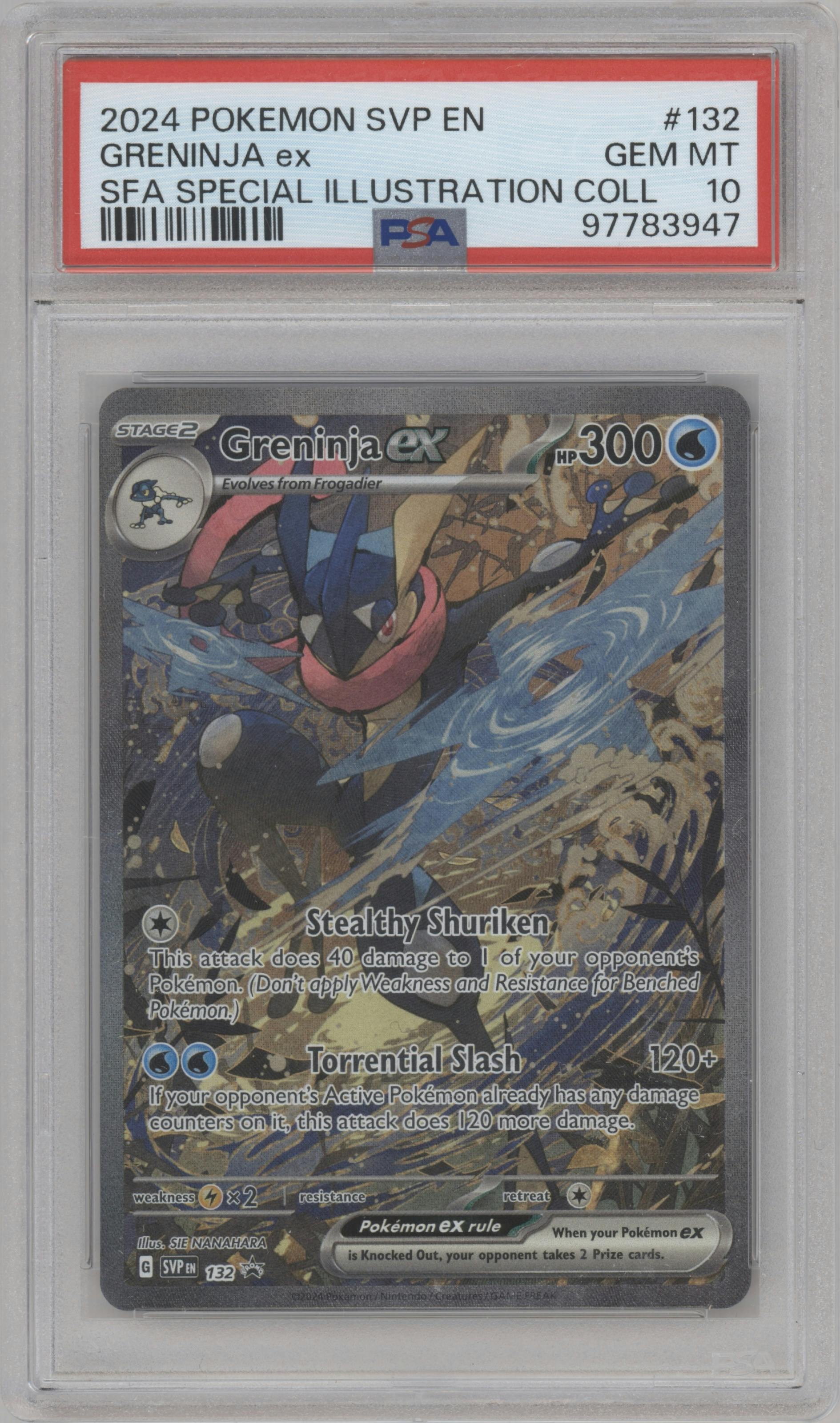 Greninja ex from the 2024 Pokemon SV set featuring a Shrouded Fable Greninja ex Special Illustration Collection parallel graded by PSA and given an overall grade of 10.