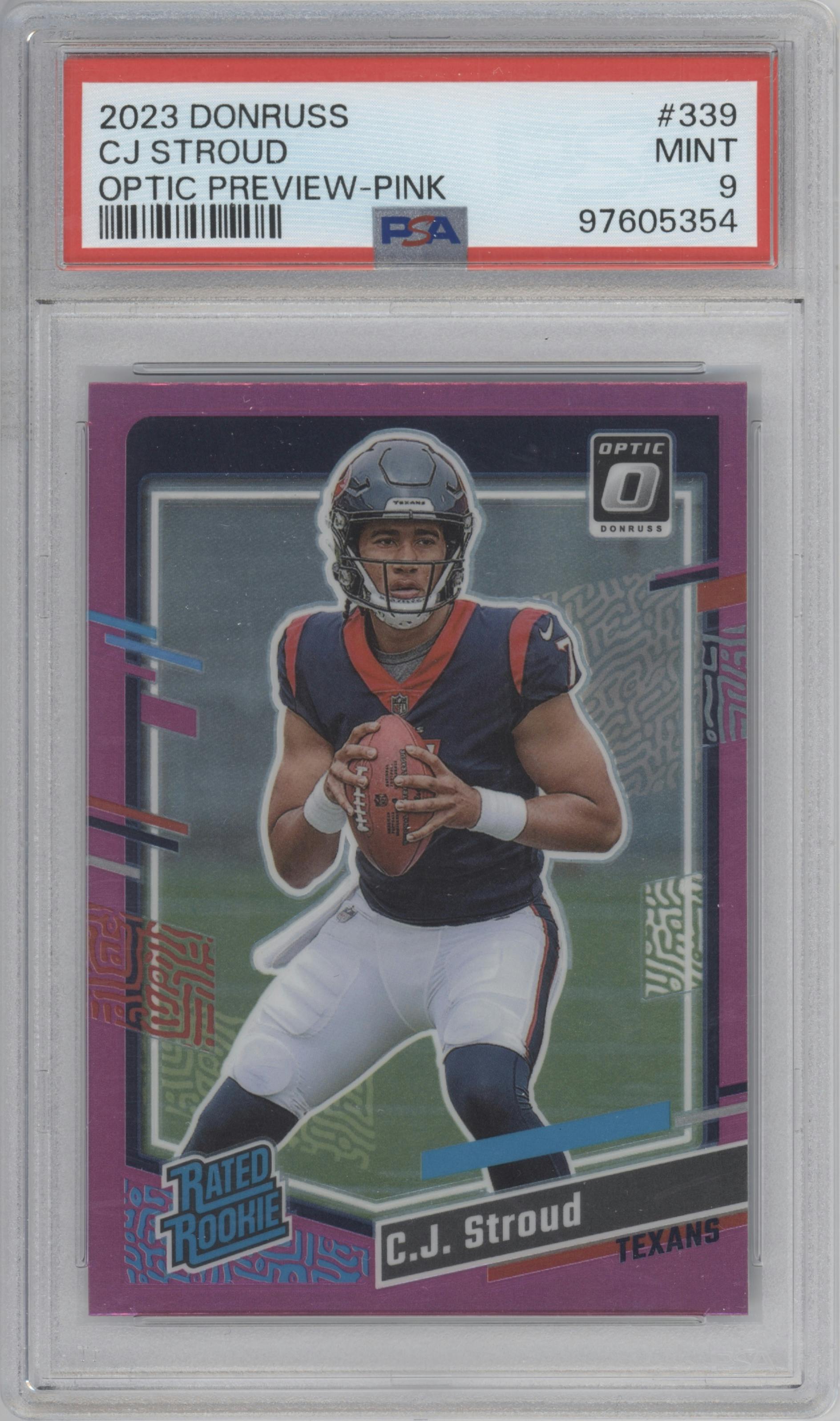 C.J. Stroud from the 2023 Panini Donruss set featuring a Pink parallel graded by PSA and given an overall grade of 9.