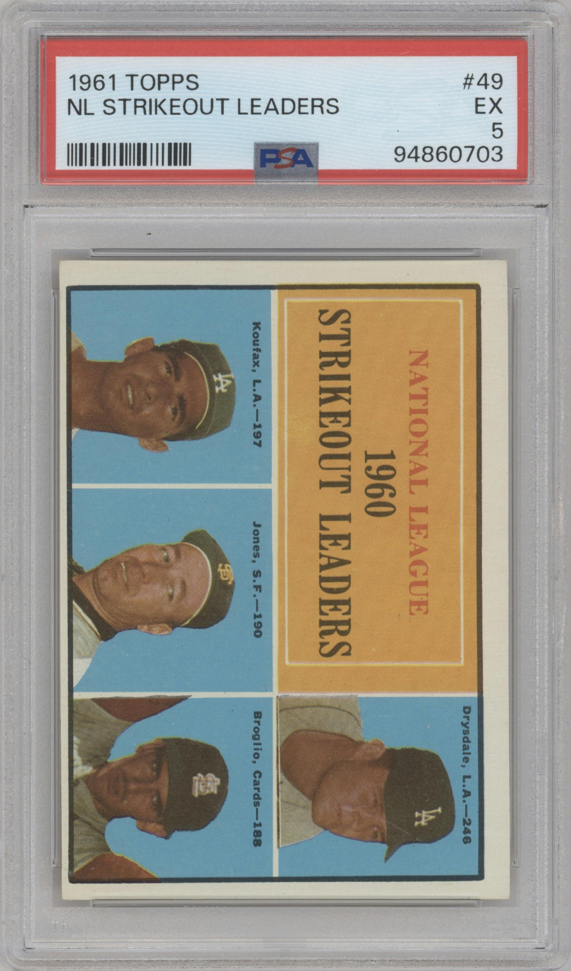 Don Drysdale/Sandy Koufax/Sam Jones/Ernie Broglio from the 1961 Topps set graded by PSA and given an overall grade of 5.