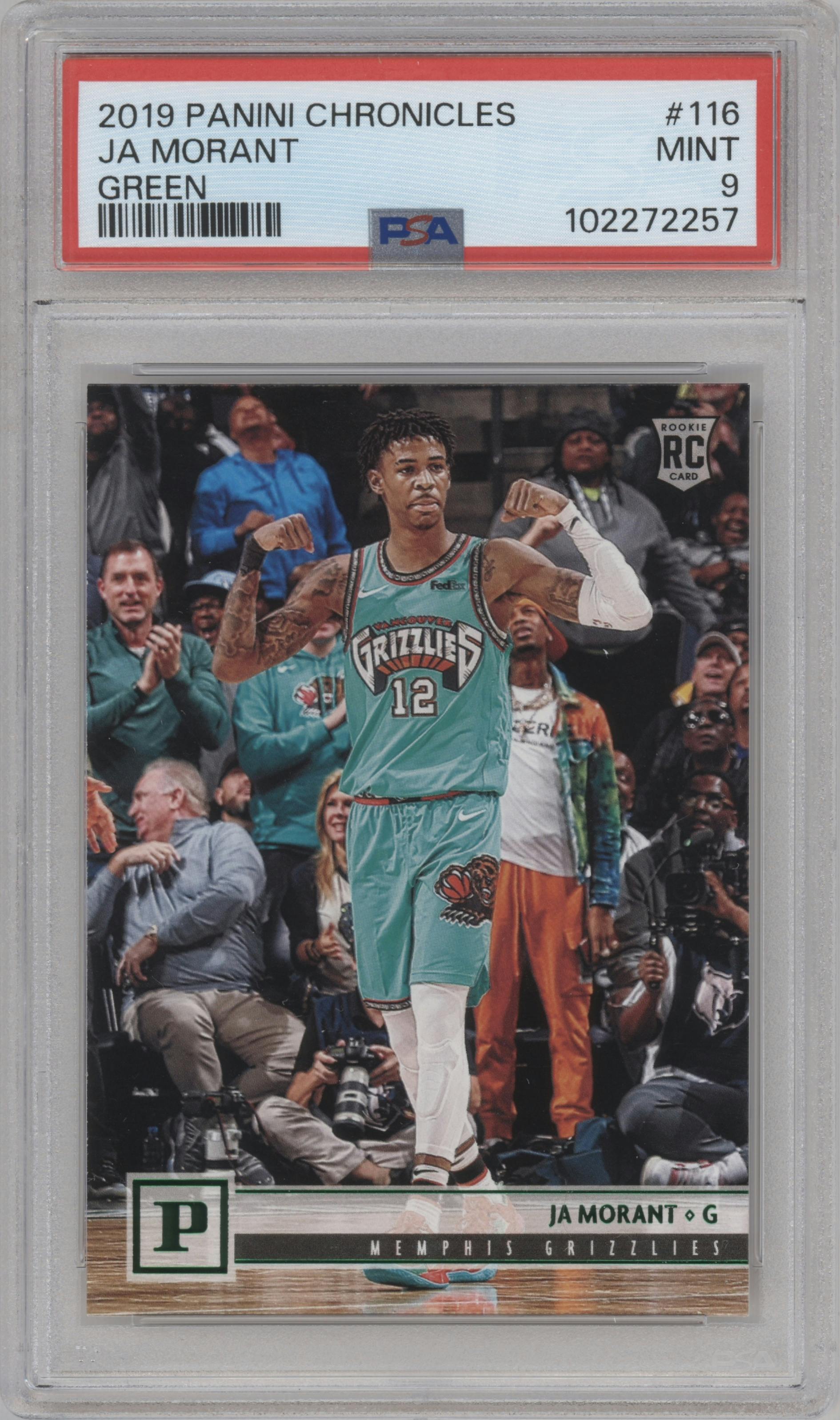 Ja Morant from the 2019-20 Panini Chronicles  set featuring a Green parallel graded by PSA and given an overall grade of 9.