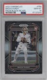 Brock Purdy from the 2022 Panini Chronicles set featuring a Silver parallel graded by PSA and given an overall grade of 10.