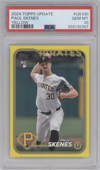 Paul Skenes from the 2024 Topps Update set featuring a Yellow  parallel graded by PSA and given an overall grade of 10.