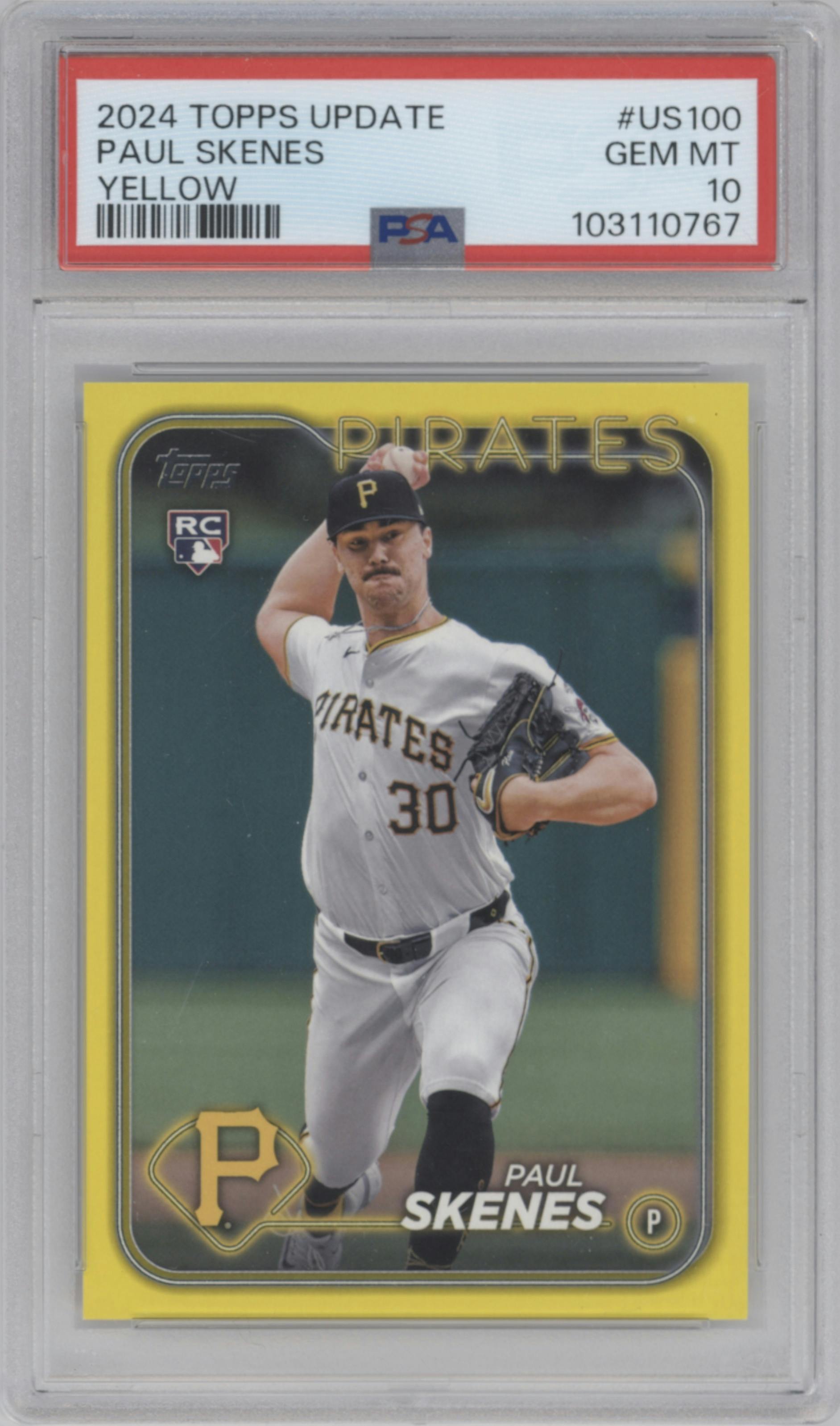 Paul Skenes from the 2024 Topps Update set featuring a Yellow  parallel graded by PSA and given an overall grade of 10.