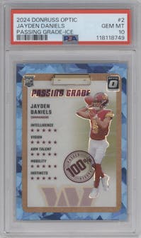 Jayden Daniels	 from the 2024 Donruss Optic set featuring a Ice parallel graded by PSA and given an overall grade of 10.