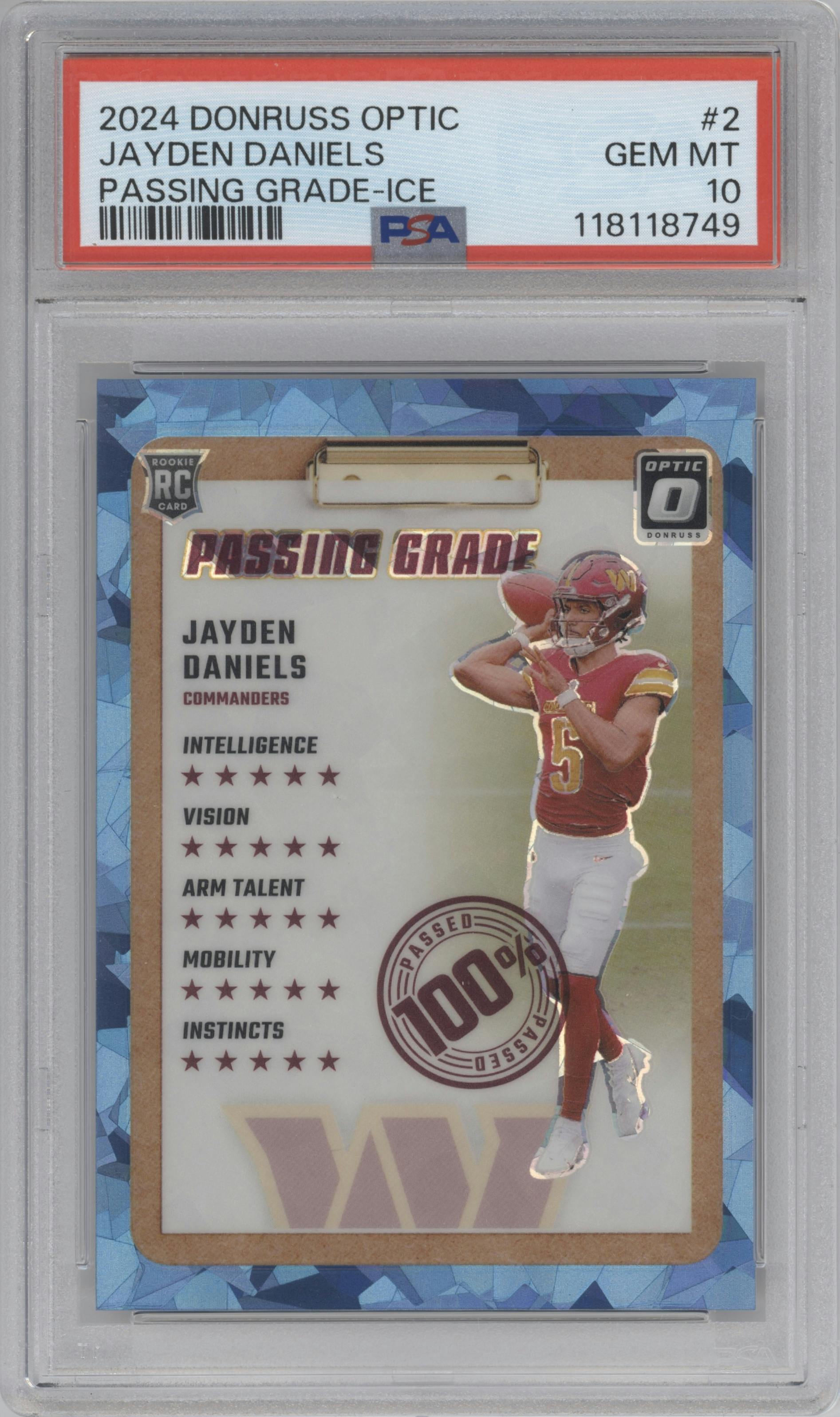 Jayden Daniels	 from the 2024 Donruss Optic set featuring a Ice parallel graded by PSA and given an overall grade of 10.