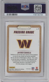 Jayden Daniels	 from the 2024 Donruss Optic set featuring a Ice parallel graded by PSA and given an overall grade of 10.