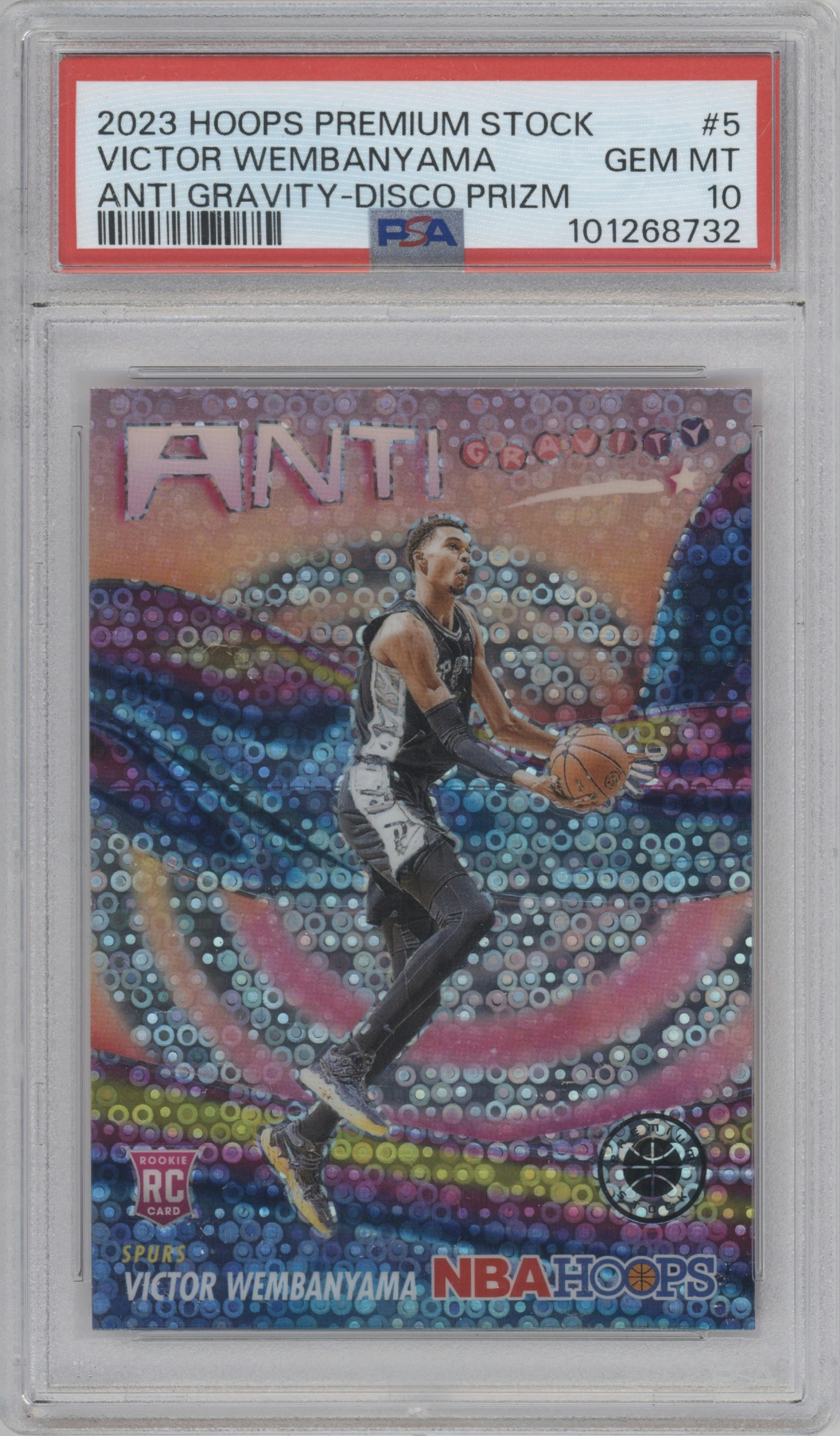 Victor Wembanyama from the 2023-24 Panini Hoops Premium Stock set featuring a Disco Prizm parallel graded by PSA and given an overall grade of 10.
