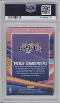 Victor Wembanyama from the 2023-24 Panini Hoops Premium Stock set featuring a Disco Prizm parallel graded by PSA and given an overall grade of 10.