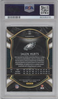 Jalen Hurts from the 2020 Panini Select set featuring a Silver Prizm parallel graded by PSA and given an overall grade of 10.