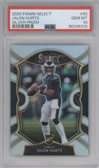 Jalen Hurts from the 2020 Panini Select set featuring a Silver Prizm parallel graded by PSA and given an overall grade of 10.