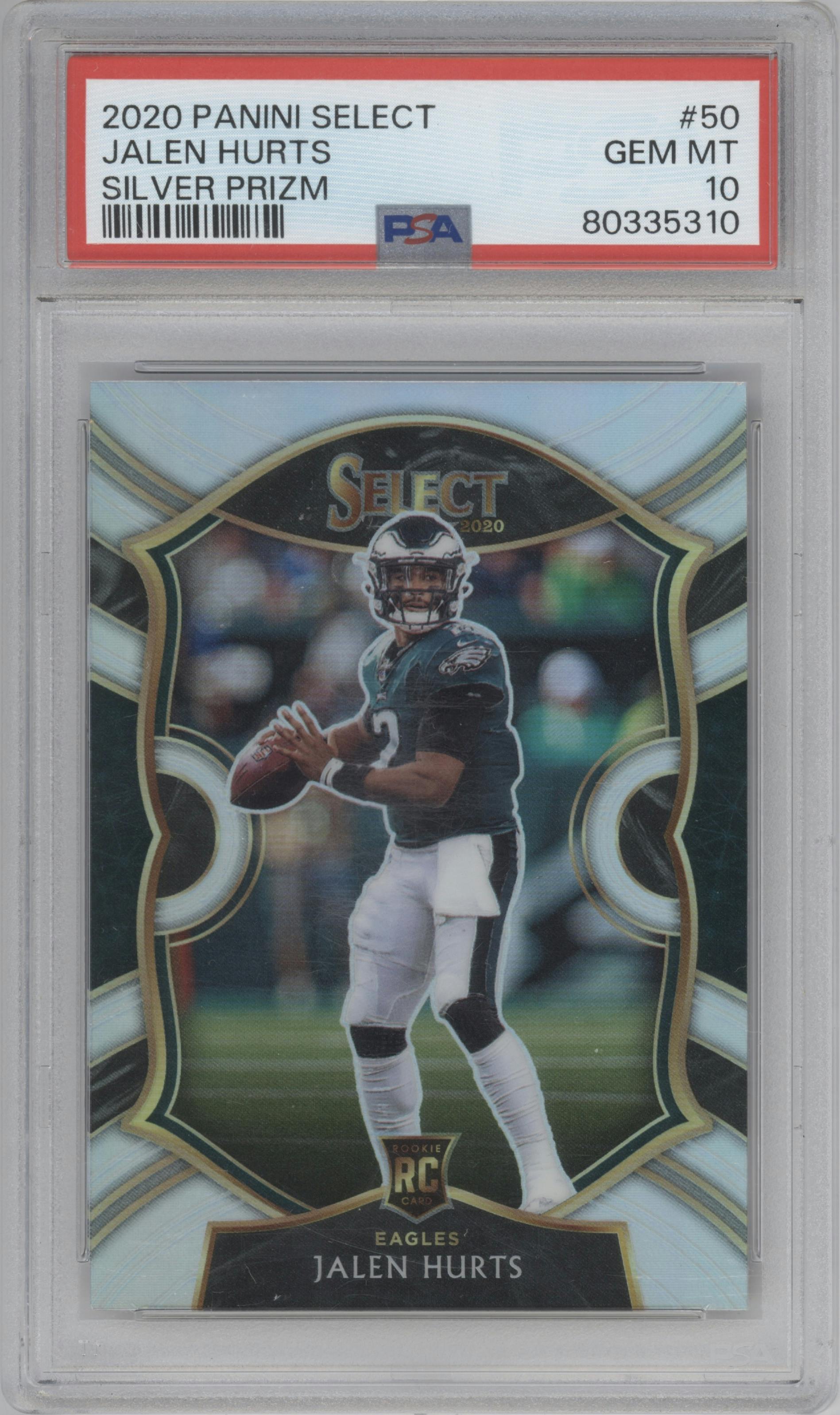 Jalen Hurts from the 2020 Panini Select set featuring a Silver Prizm parallel graded by PSA and given an overall grade of 10.