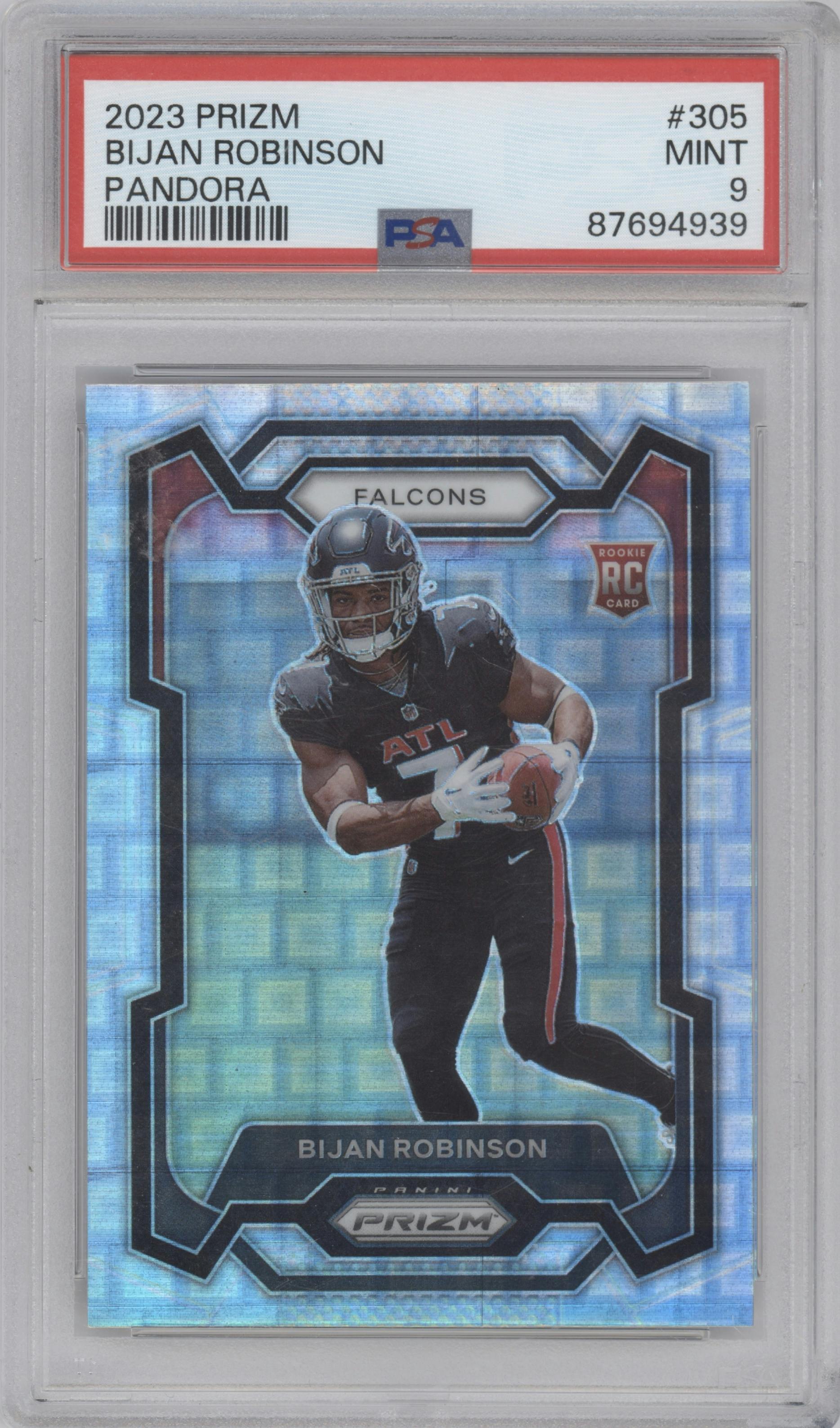 Bijan Robinson from the 2023 Panini Prizm set featuring a Pandora parallel graded by PSA and given an overall grade of 9.