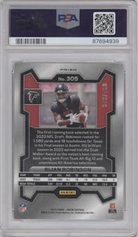 Bijan Robinson from the 2023 Panini Prizm set featuring a Pandora parallel graded by PSA and given an overall grade of 9.