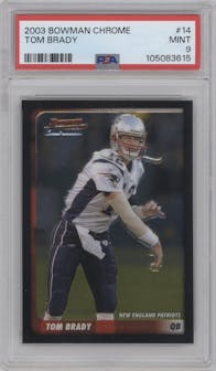 Tom Brady from the 2003 Bowman Chrome set graded by PSA and given an overall grade of 9.