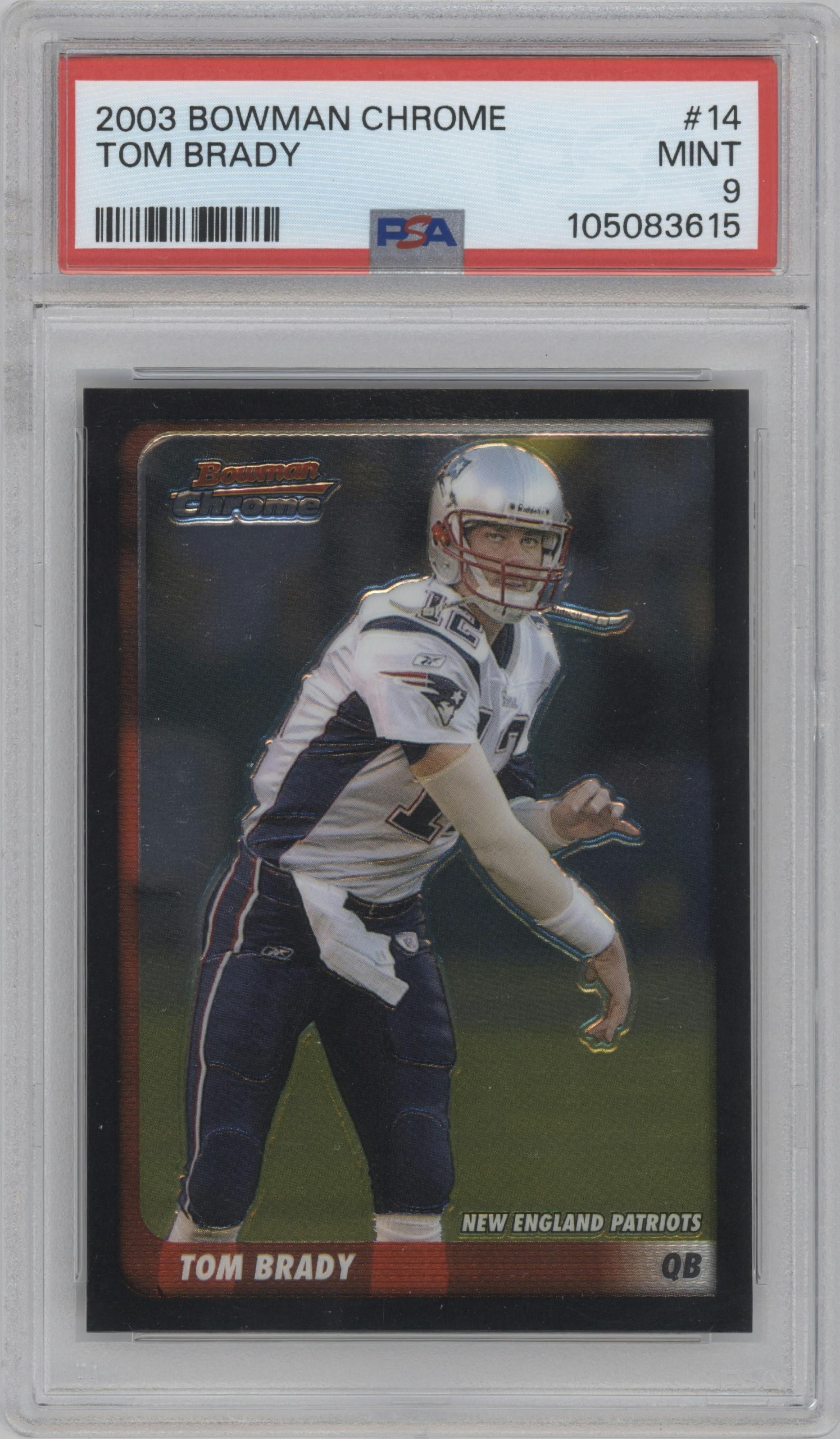 Tom Brady from the 2003 Bowman Chrome set graded by PSA and given an overall grade of 9.