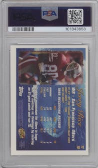 Jerry Rice from the 1996 Topps Chrome set featuring a Refractor parallel graded by PSA and given an overall grade of 8.