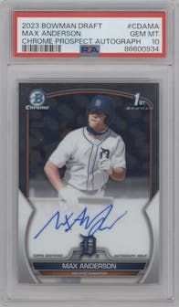 Max Anderson from the 2023 Bowman Draft set graded by PSA and given an overall grade of 10.