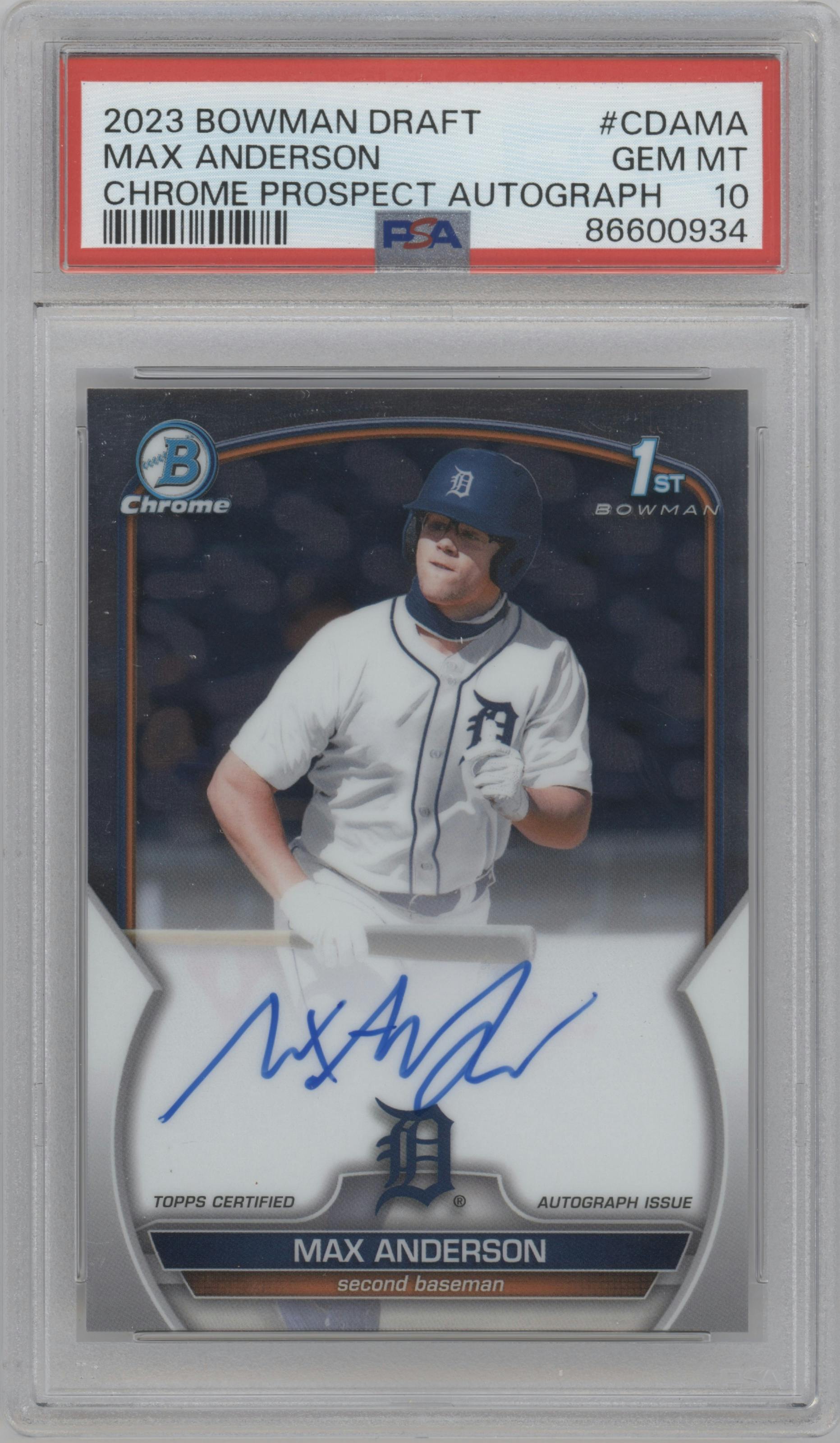 Max Anderson from the 2023 Bowman Draft set graded by PSA and given an overall grade of 10.